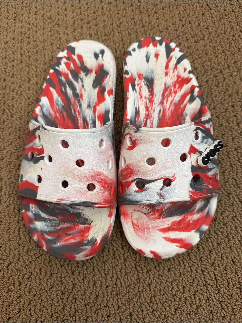 CROCS Red, White & Black Marbled Slip-On Clogs